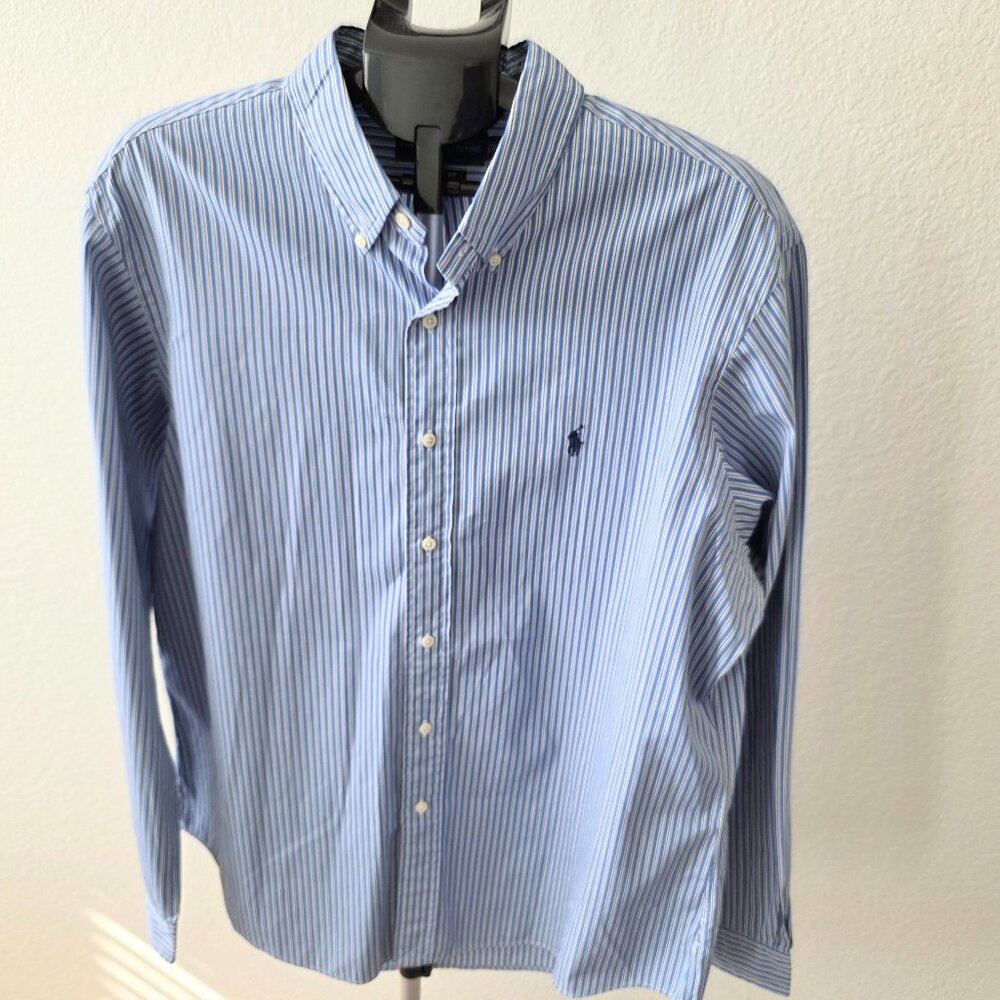 RALPH LAUREN CUSTON FIT MENS XXL BLUE, BLACK AND WHITE STRIPE LONG SLEEVE SHIRT